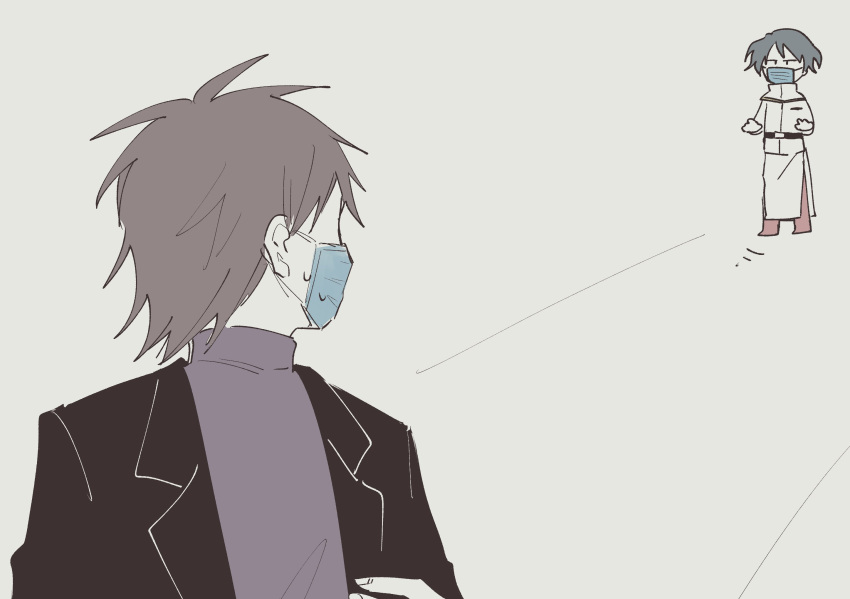 2boys, asaba_kurone, belt, black_belt, black_hair, black_jacket, brown_hair, capelet