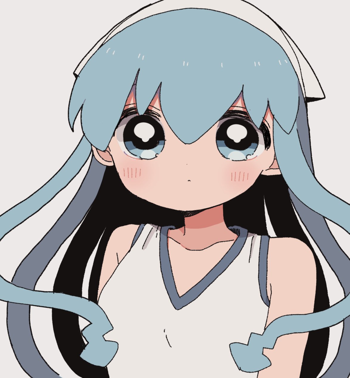 1girl, bad_id, bad_twitter_id, bare_shoulders, blue_eyes, blue_hair, closed_mouth, hair_between_eyes