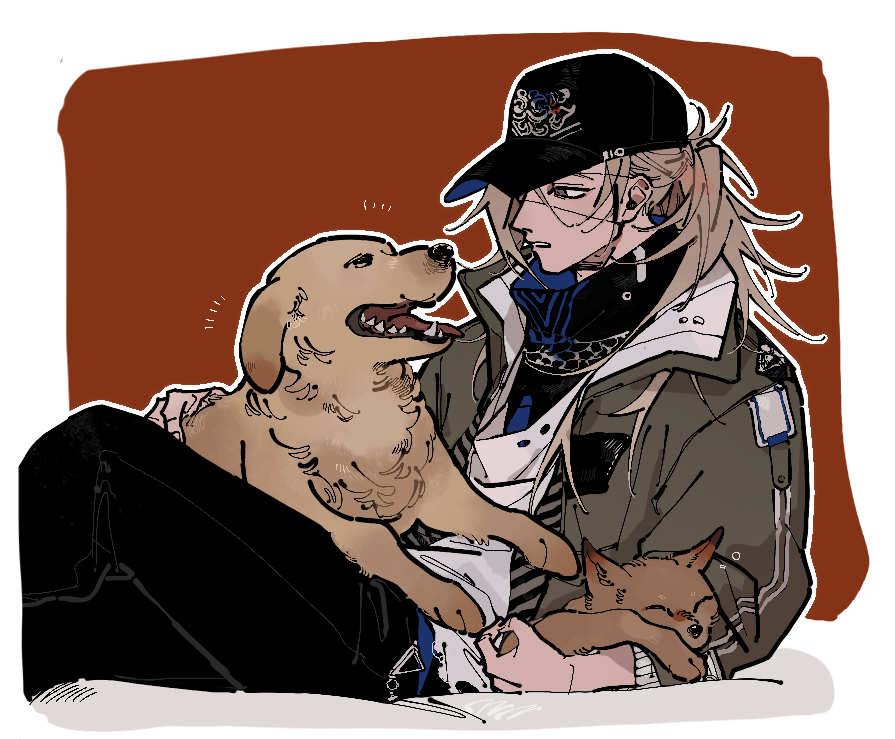 1boy, animal, bandana, baseball_cap, black_bandana, black_hat, black_pants, blonde_hair, border, brown_dog, che_(path_to_nowhere), commentary_request, dog, fox, golden_retriever, green_jacket, hair_over_one_eye, hat, holding, holding_animal, jacket, long_hair, looking_at_animal, looking_down, male_focus, one_eye_covered, open_clothes, open_jacket, outside_border, pants, path_to_nowhere, ponytail, red_background, shirt, sitting, solo, two-sided_fabric, two-sided_jacket, white_border, white_shirt, yoshida_(yooosida)
