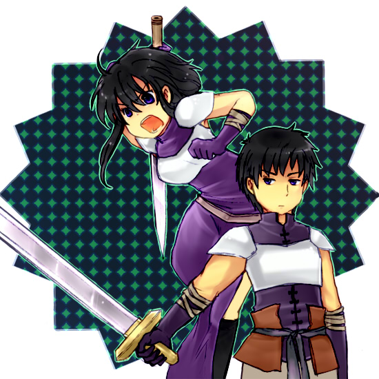 1boy, 1girl, angry, armor, bandaged_arm, bandages, belt, black_hair