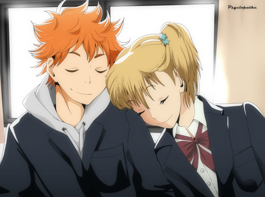 1boy, 1girl, artist_name, black_jacket, blonde_hair, bow, brown_bow, closed_eyes, haikyuu!!, hair_ornament, hetero, hinata_shouyou, hood, hood_down, hoodie, indoors, jacket, orange_hair, psyclopathe, short_hair, sleeping, smile, star_(symbol), star_hair_ornament, window, yachi_hitoka