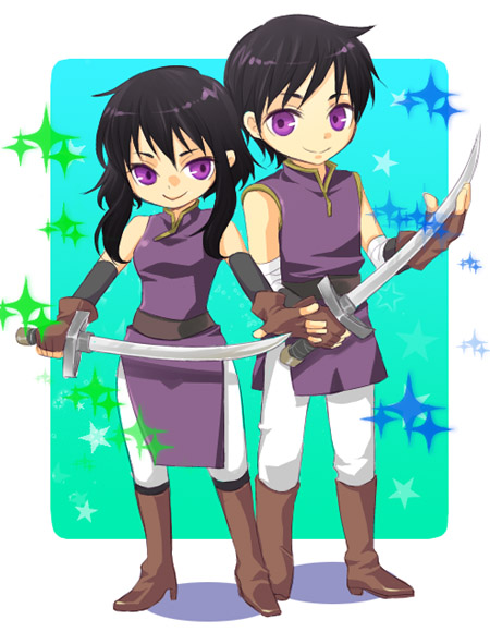 1boy, 1girl, bandaged_arm, bandages, black_hair, boots, brother_and_sister, elbow_gloves