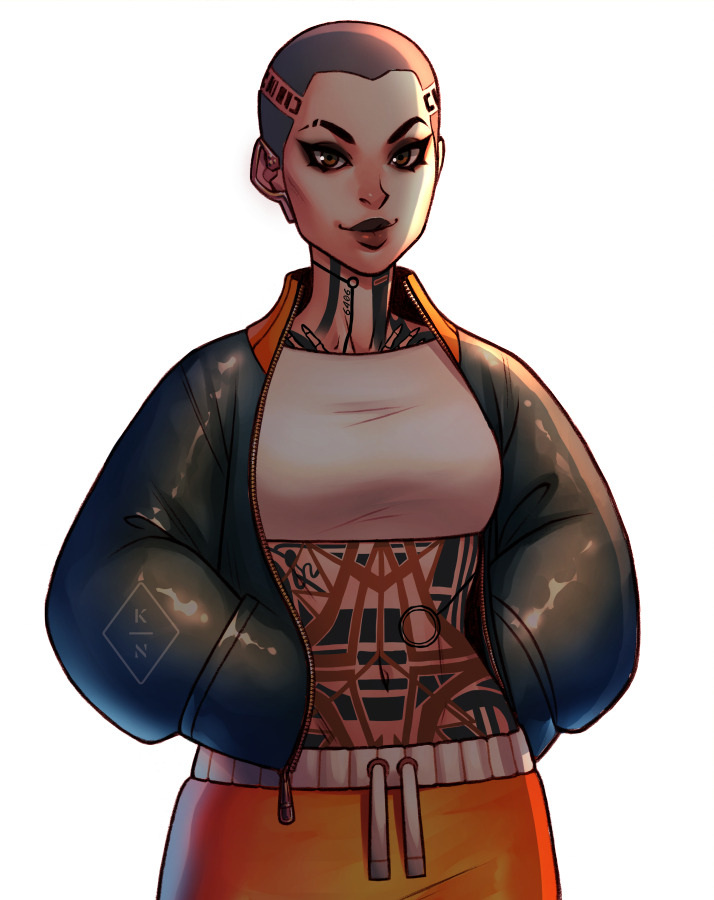 1girl, bald, bald_girl, black_jacket, breasts, brown_eyes, buzz_cut, commentary, crop_top, full-body_tattoo, hands_in_pockets, head_tattoo, jack_(mass_effect), jacket, kasia_nie, mass_effect_(series), mass_effect_2, medium_breasts, navel, neck_tattoo, orange_pants, pants, short_hair, smile, solo, stomach_tattoo, tattoo, upper_body, very_short_hair