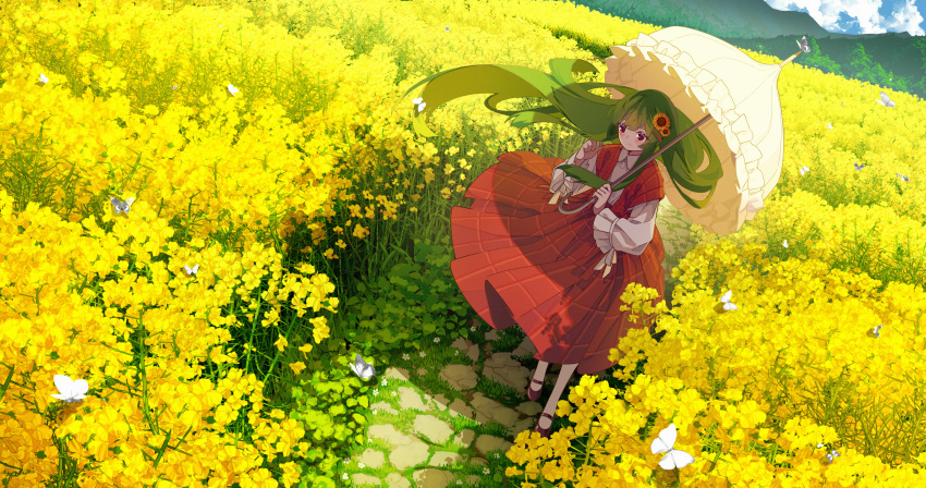 1girl, absurdres, black_footwear, bug, butterfly, closed_mouth, clouds, cloudy_sky