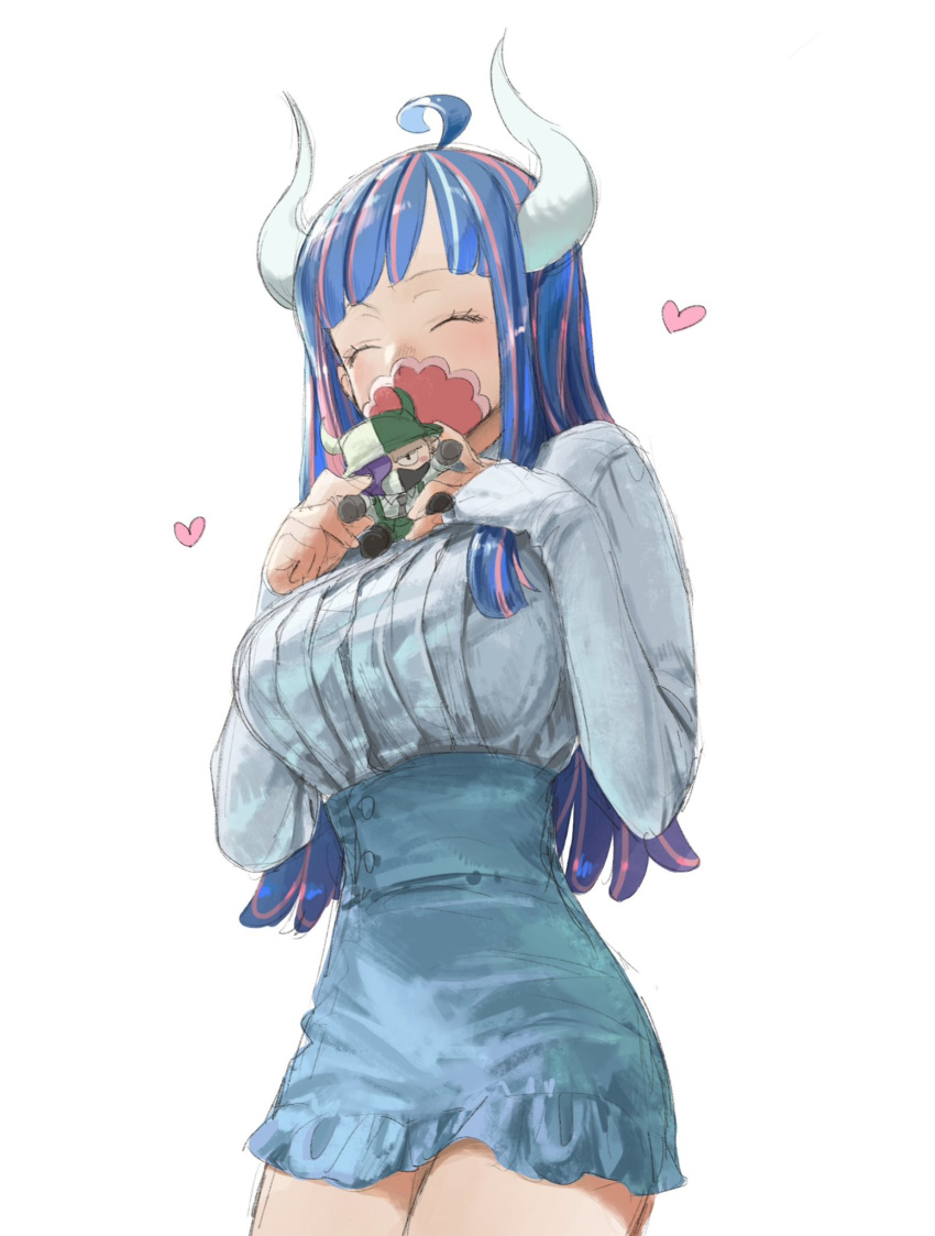 1girl, ahoge, blue_hair, blue_skirt, character_doll, closed_eyes, heart, high-waist_skirt