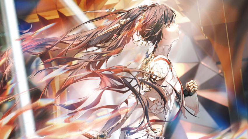 1girl, black_hair, breasts, butt_crack, clenched_hand, cropped_jacket, doll_joints, from_side