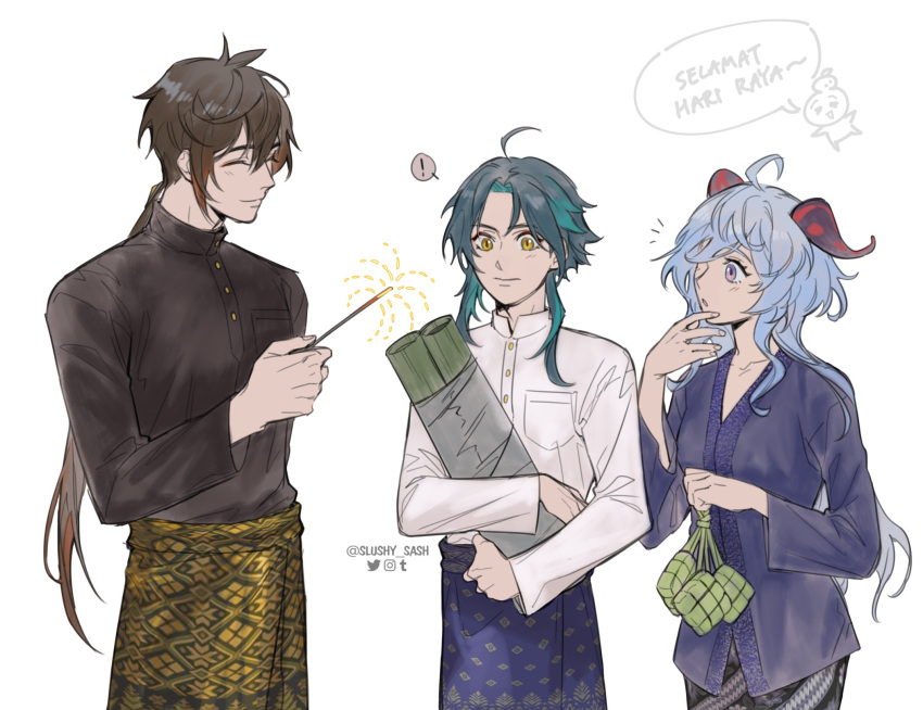 !, 1girl, 2boys, ahoge, black_hair, black_shirt, blue_hair, breasts