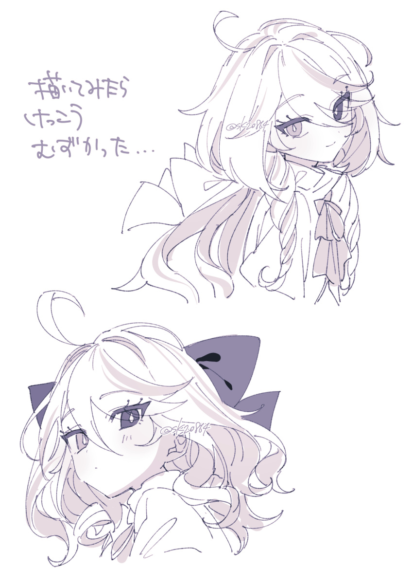 1girl, ahoge, closed_mouth, dot_mouth, furina_(genshin_impact)_(old_design), genshin_impact, hair_ribbon, heterochromia, highres, huge_ahoge, light_blush, long_hair, looking_at_viewer, low_ponytail, mochizuki_mochi, monochrome, multiple_views, ribbon, short_hair, smile, solo, watermark, white_background