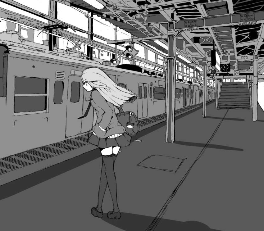 long_hair, melonpan_(artist), monochrome, necktie, school_uniform, skirt, thigh-highs, thighhighs, touhou, train, zettai_ryouiki
