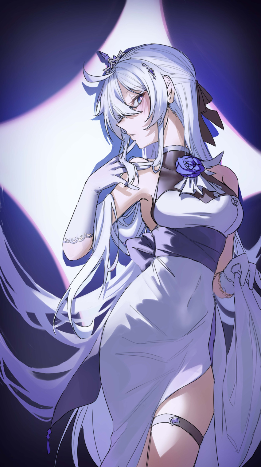 1girl, absurdres, ahoge, back_bow, bare_shoulders, belt, black_bow, blue_eyes
