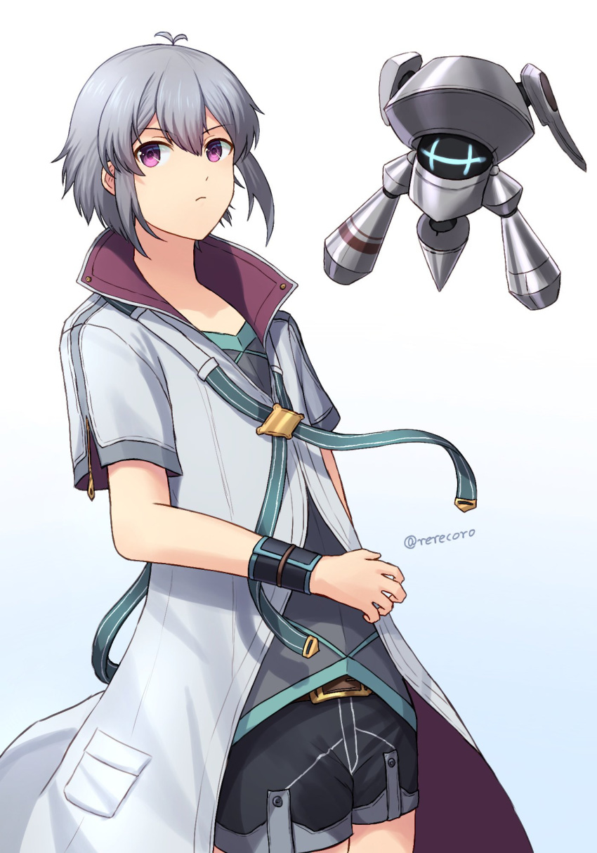1boy, antenna_hair, black_shorts, coat, drone, eiyuu_densetsu, fio_(eiyuu_densetsu), floating