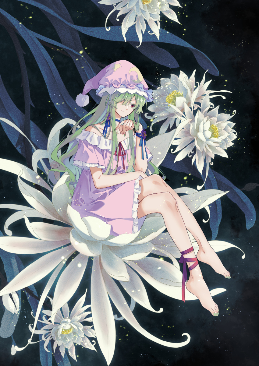 1girl, absurdres, arm_ribbon, barefoot, blue_ribbon, choker, closed_mouth, commentary_request, crescent_print, crossed_legs, dress, flower, frilled_dress, frills, full_body, green_hair, green_nails, hand_up, hat, highres, kazami_yuuka, kazami_yuuka_(pc-98), ko_kita, long_hair, nail_polish, nightcap, pink_dress, pink_hat, red_eyes, red_ribbon, ribbon, ribbon_choker, short_sleeves, sitting_in_flower, smile, solo, star_(symbol), star_print, toenail_polish, toenails, touhou, touhou_(pc-98), white_flower