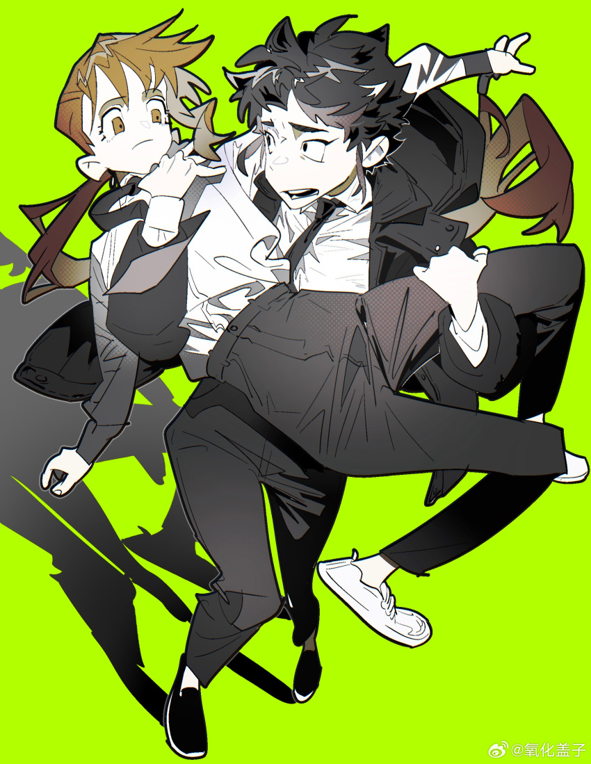 2girls, absurdres, black_eyes, black_footwear, black_hair, black_jacket, black_necktie, black_pants