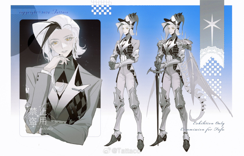 1girl, argyle_clothes, argyle_vest, asymmetrical_hair, bat_(animal), black_footwear, black_gloves, black_hair, black_hat, black_nails, black_vest, blue_background, bookmark, border, bracer, breasts, buttons, chinese_commentary, cleavage_cutout, clothing_cutout, collared_vest, colored_eyelashes, commentary_request, commission, corset, cropped_torso, dragon_tail, dragon_wings, earrings, elbow_pads, expressionless, full_body, gloves, gold_earrings, gradient_background, grey_lips, grey_shirt, grey_vest, hand_on_own_chin, hand_on_own_elbow, hat, highres, holding, holding_sword, holding_weapon, jewelry, lapel_pin, lapels, large_breasts, layered_sleeves, light_particles, long_hair, long_sleeves, looking_at_viewer, mole, mole_on_neck, multicolored_hair, multiple_views, nail_polish, notched_lapels, original, pants, parted_lips, poleyn, reference_sheet, sabaton, sample_watermark, shirt, single_earring, skeletal_tail, skeletal_wings, streaked_hair, sword, tail, tattaco, teeth, turtleneck, turtleneck_shirt, two-tone_vest, very_long_hair, vest, watermark, weapon, weibo_watermark, white_background, white_border, white_corset, white_hair, white_pants, wings, witch_hat, yellow_eyes