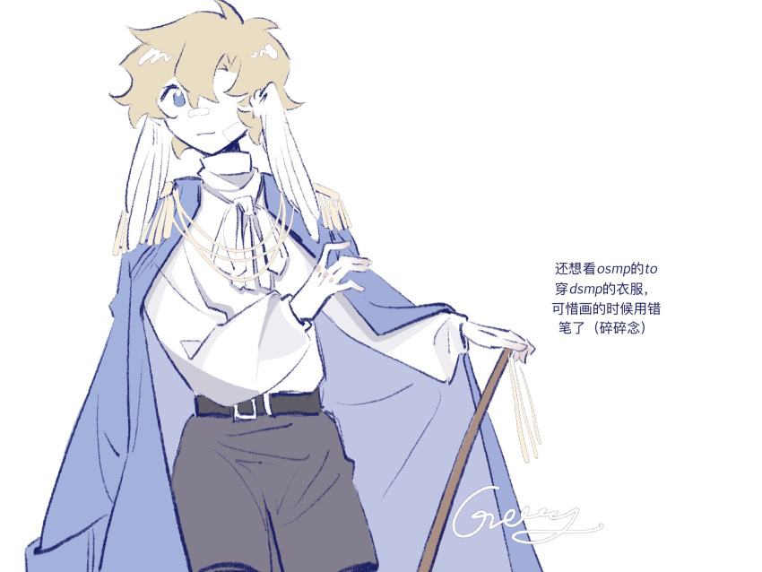 1boy, belt, bird_boy, blonde_hair, blue_eyes, chinese_commentary, chinese_text, commentary_request, cosplay, dream_smp, gressy222, head_wings, highres, in-franchise_crossover, l'manberg_uniform, male_focus, minecraft_youtube, origins_smp, personality_switch, self_cosplay, shirt, shorts, sketch, solo, standing, tommyinnit, tommyinnit_(avian), tommyinnit_(cosplay), translation_request, white_background, white_shirt, wings