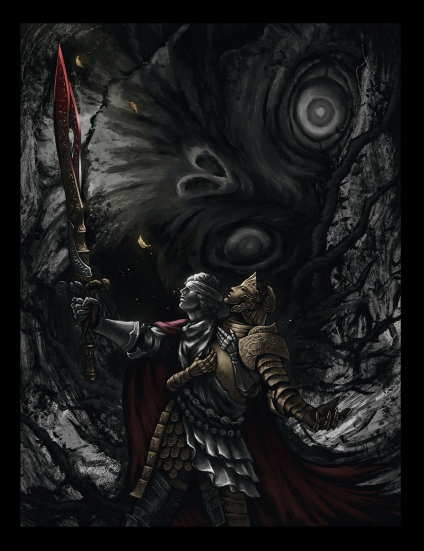 1boy, armor, black_border, blood, border, cape, coiled_sword, commentary, constricted_pupils, d_beholder_of_death, elden_ring, full_armor, gold_armor, helm, helmet, highres, holding, holding_sword, holding_weapon, male_focus, nagekichi, nostrils, outstretched_arms, prince_of_death_(elden_ring), red_cape, scale_armor, sword, weapon