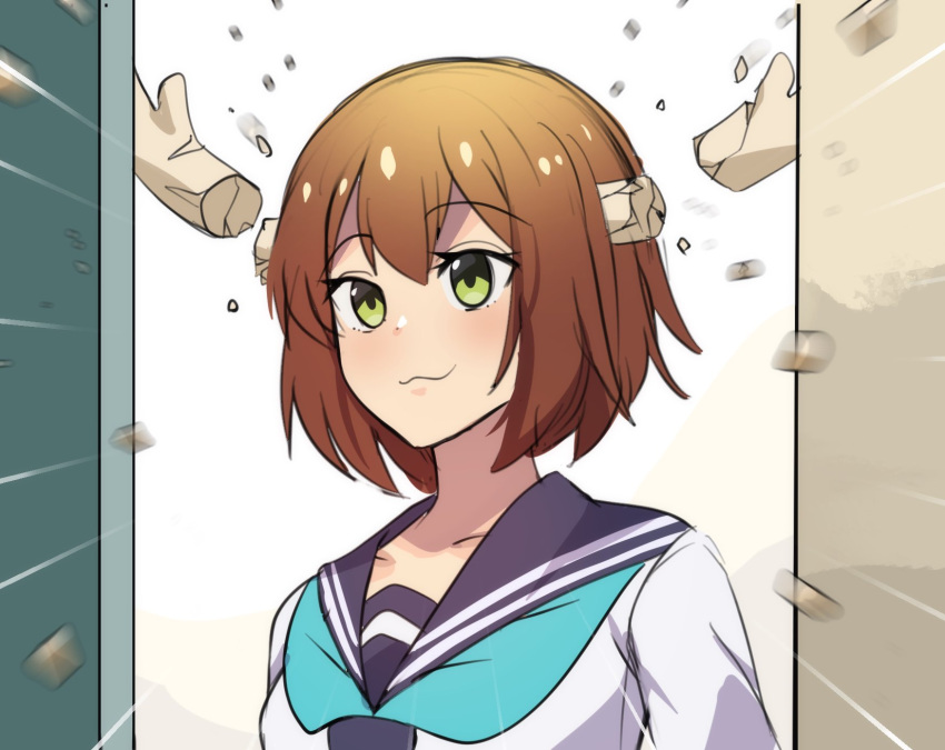 1girl, :3, aqua_neckerchief, blue_sailor_collar, blurry, blurry_foreground, bob_cut, breasts, broken, broken_antler, brown_hair, close-up, closed_mouth, collared_shirt, commentary, deer_girl, depth_of_field, doorway, dress_shirt, english_commentary, eyelashes, green_eyes, highres, hinghoi, light_blush, looking_ahead, medium_breasts, neckerchief, notice_lines, open_door, sailor_collar, school_uniform, serafuku, shards, shikanoko_noko, shikanoko_nokonoko_koshitantan, shirt, short_hair, sliding_doors, smile, solo, white_shirt