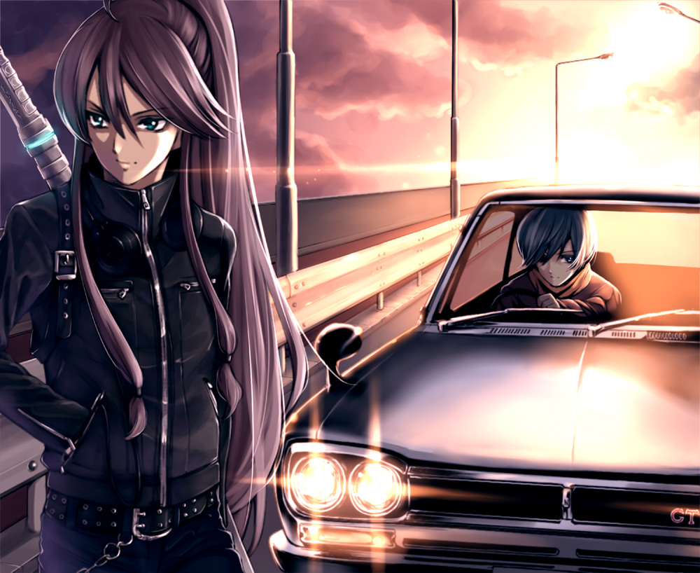 car, chain, cloud, kaito, kamui_gakupo, lens_flare, long_hair, motor_vehicle