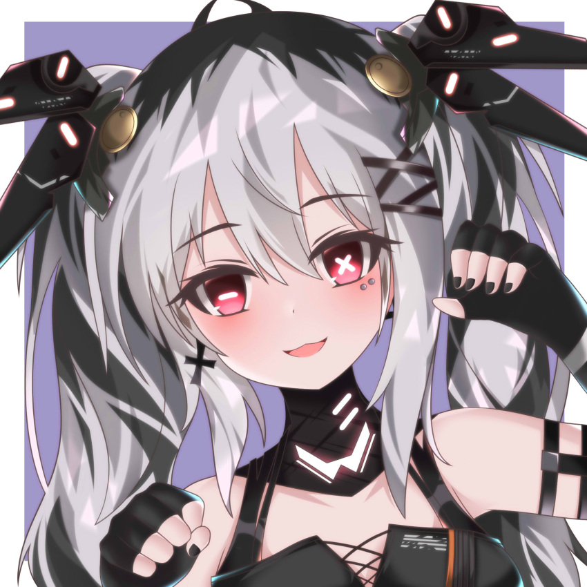 1girl, black_gloves, black_hair, character_request, cross-shaped_pupils, fingerless_gloves, gloves, grey_hair