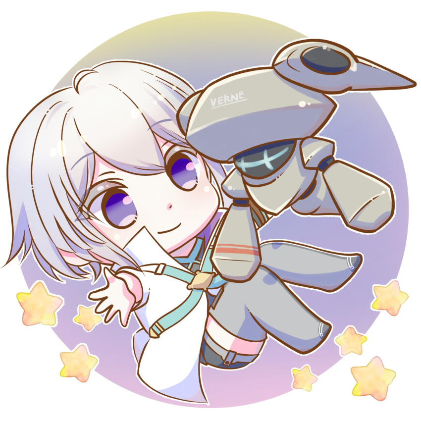 1boy, border, chibi, chibi_only, closed_mouth, coat, commentary_request, drone