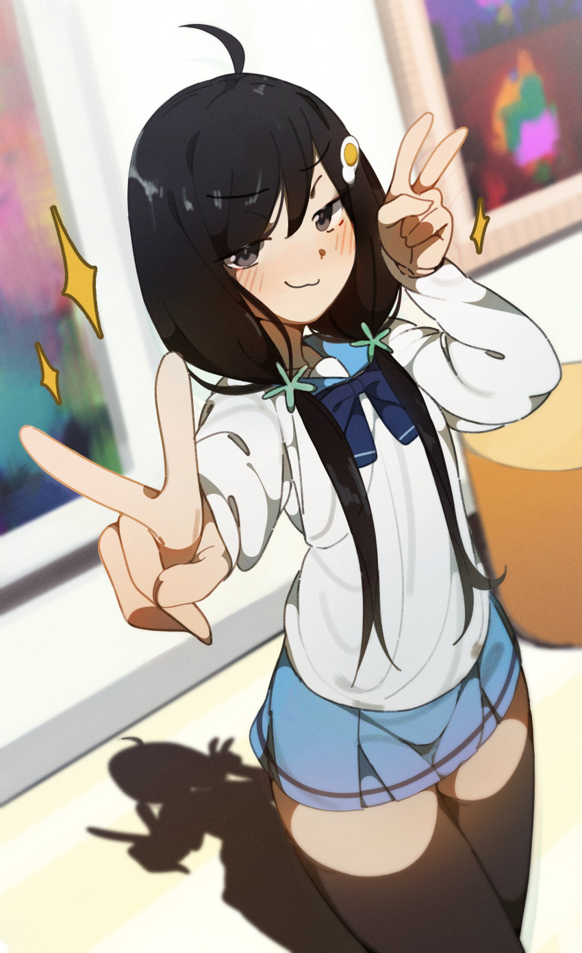 1girl, :3, absurdres, ahoge, araragi_tsukihi, black_thighhighs, blue_bow, blue_bowtie, blue_sailor_collar, blue_skirt, blush, bow, bowtie, breasts, brown_eyes, closed_mouth, collared_shirt, commentary, deko_morii, double_v, dress_shirt, egg_hair_ornament, english_commentary, food-themed_hair_ornament, foreshortening, fried_egg, from_above, from_side, hair_ornament, hands_up, highres, indoors, long_hair, long_sleeves, looking_at_viewer, looking_to_the_side, looking_up, low_twintails, monogatari_(series), outstretched_arm, painting_(object), pleated_skirt, raised_eyebrow, reaching, reaching_towards_viewer, sailor_collar, school_uniform, serafuku, shadow, shirt, skirt, small_breasts, smile, smug, solo, sparkle, standing, stool, thigh-highs, tsuganoki_second_junior_high_school_uniform, twintails, v, white_shirt, zettai_ryouiki