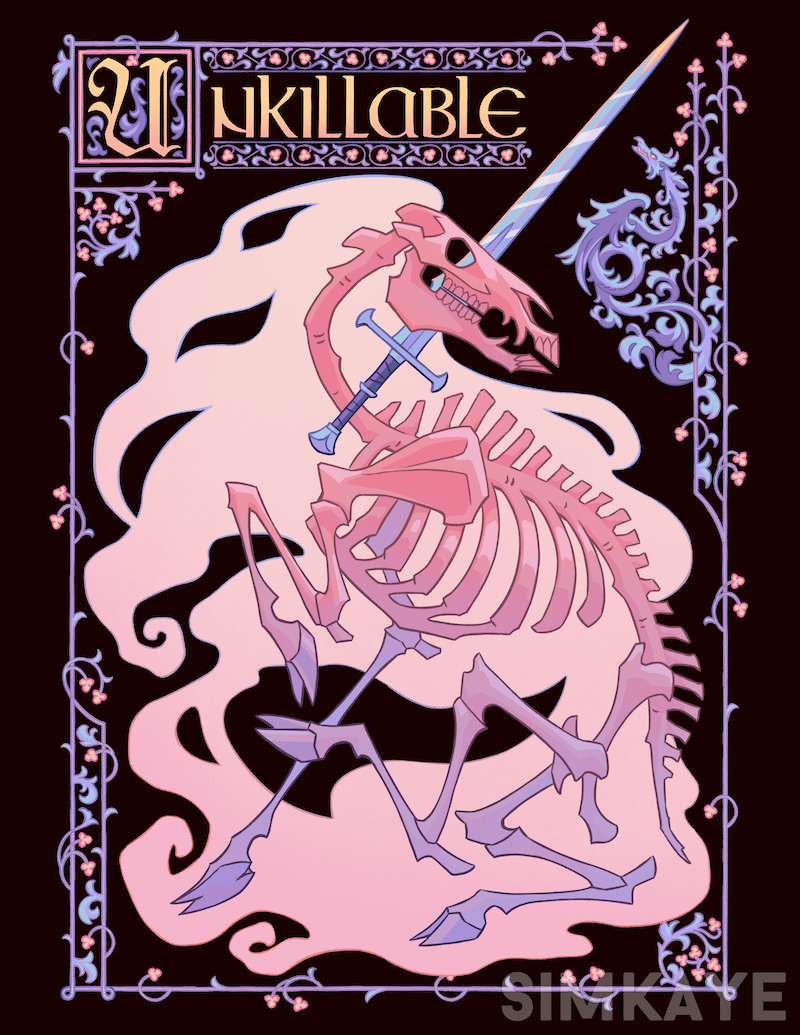 animal_skeleton, artist_name, black_background, border, creature_focus, english_text, fantasy, fiery_hair