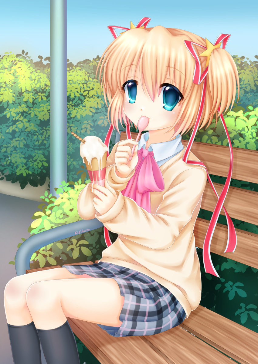 1girl, absurdres, artist_name, bench, black_socks, blonde_hair, blue_eyes, bow
