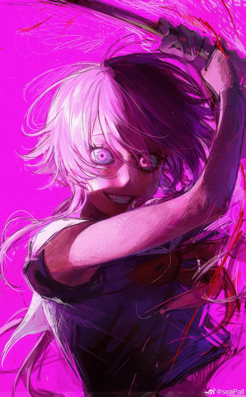 1girl, absurdres, artist_name, gasai_yuno, hair_between_eyes, highres, holding, holding_weapon