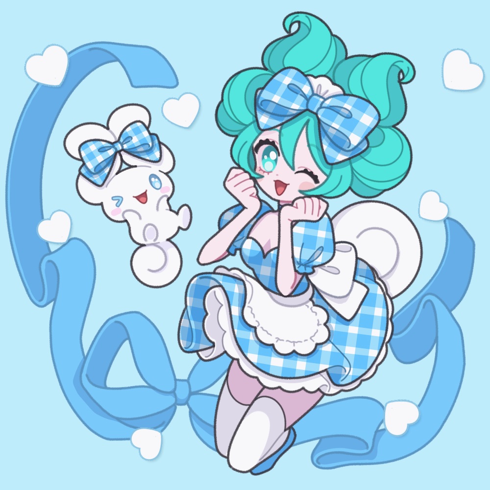 1girl, apron, aqua_eyes, aqua_hair, blue_background, blue_ribbon, blush, bow, checkered_bow, checkered_clothes, cinnamiku, cinnamoroll, dog, dog_tail, eyelashes, floating, full_body, hair_bow, hands_up, hatsune_miku, heart, kneehighs, maid, maid_headdress, medium_hair, nyaasechan, one_eye_closed, open_mouth, puffy_short_sleeves, puffy_sleeves, ribbon, short_sleeves, simple_background, socks, tail, updo, vocaloid, waist_apron, white_apron, white_bow, white_dog, white_socks