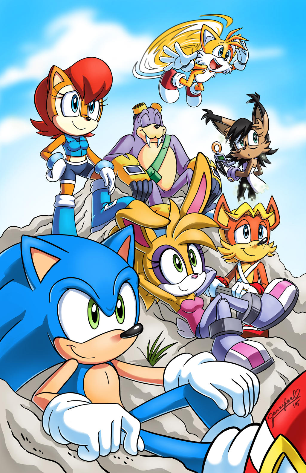 3boys, 3girls, animal_ears, antoine_d'coolette, black_hair, blue_footwear, boots, bunnie_rabbot