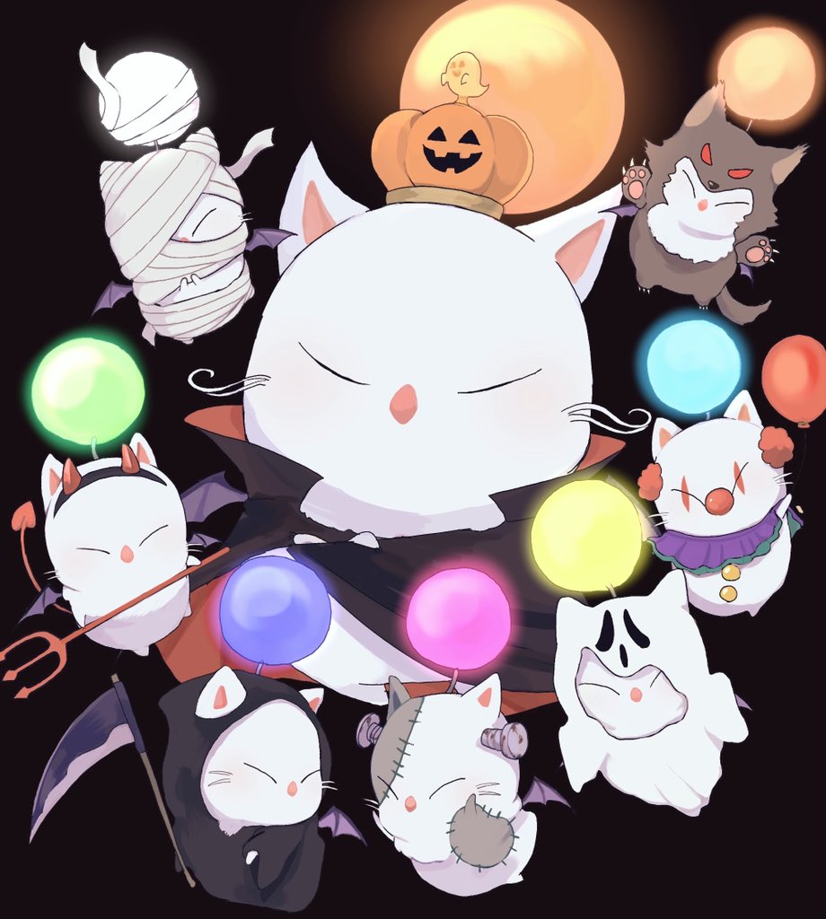 animal_focus, bat_wings, black_cloak, black_robe, brown_background, cloak, closed_eyes, clown_nose, creature, crown, death_(entity), facing_viewer, final_fantasy, final_fantasy_xiv, full_body, ghost_costume, glaa_da, halloween_costume, holding, holding_scythe, holding_trident, hood, hood_up, hooded_robe, horn_hairband, moogle, mummy_costume, no_humans, no_mouth, object_through_head, robe, screw_in_head, scythe, simple_background, werewolf_costume, whiskers, wings