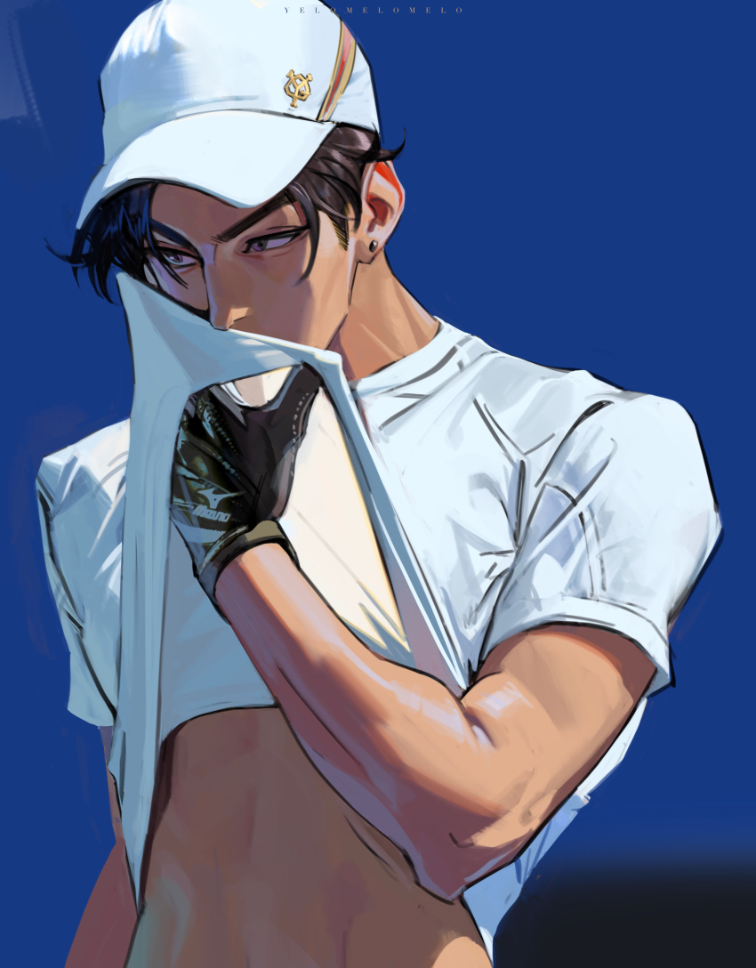 1boy, arm_up, artist_name, baseball_cap, biceps, black_gloves, black_hair, blue_background