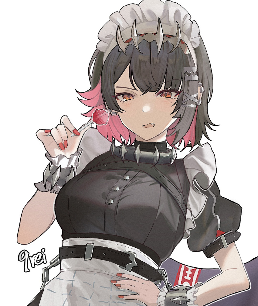 1girl, black_hair, candy, colored_inner_hair, ellen_joe, fang, fins, fish_tail, food, hair_between_eyes, hair_ornament, hairclip, hand_on_own_hip, highres, holding, holding_candy, holding_food, holding_lollipop, linchuanzelaip, lollipop, looking_at_viewer, maid_headdress, mole, mole_under_eye, multicolored_hair, open_mouth, red_nails, redhead, shark_tail, short_hair, sidelocks, simple_background, solo, tail, white_background, zenless_zone_zero