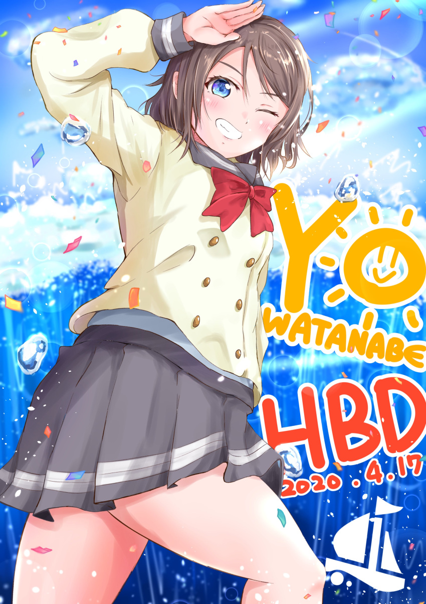 absurdres, arm_up, blush, bubble, buttons, clouds, highres, love_live!