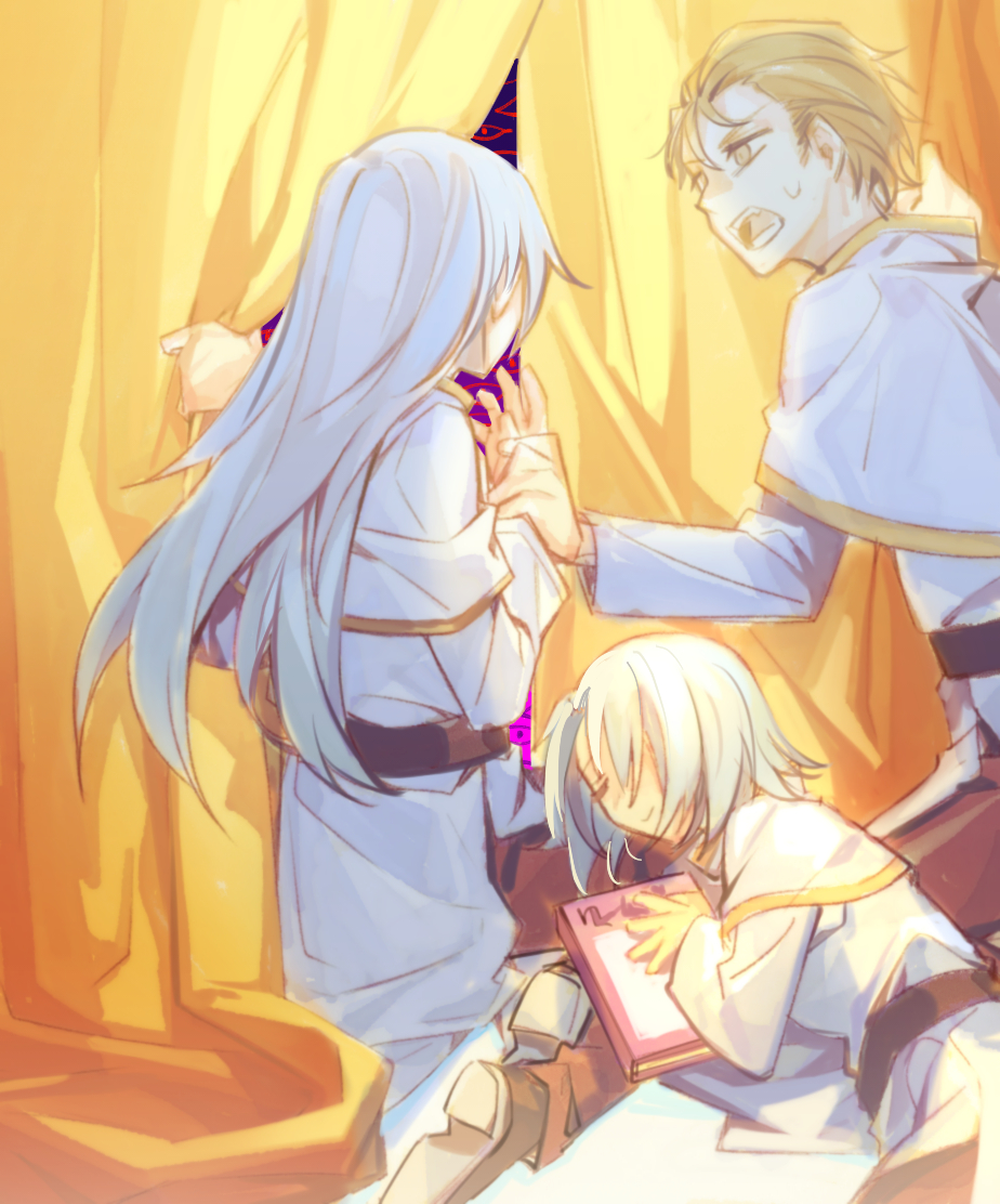 1boy, 2girls, belt, blue_hair, book, brown_eyes, brown_hair, capelet