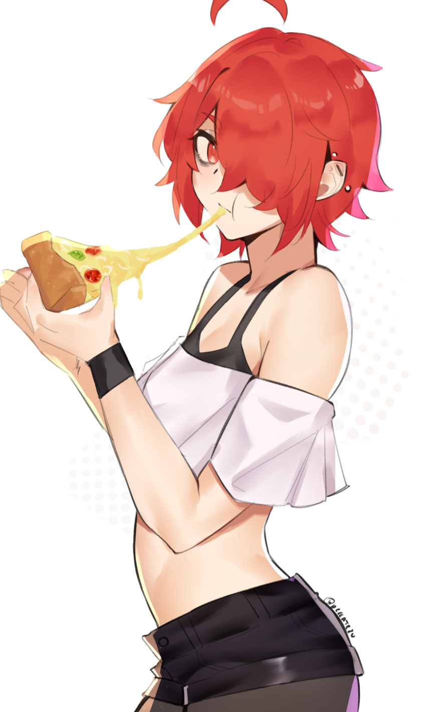 1girl, absurdres, ahoge, black_shorts, black_wristband, bra, bra_strap, deccatezu