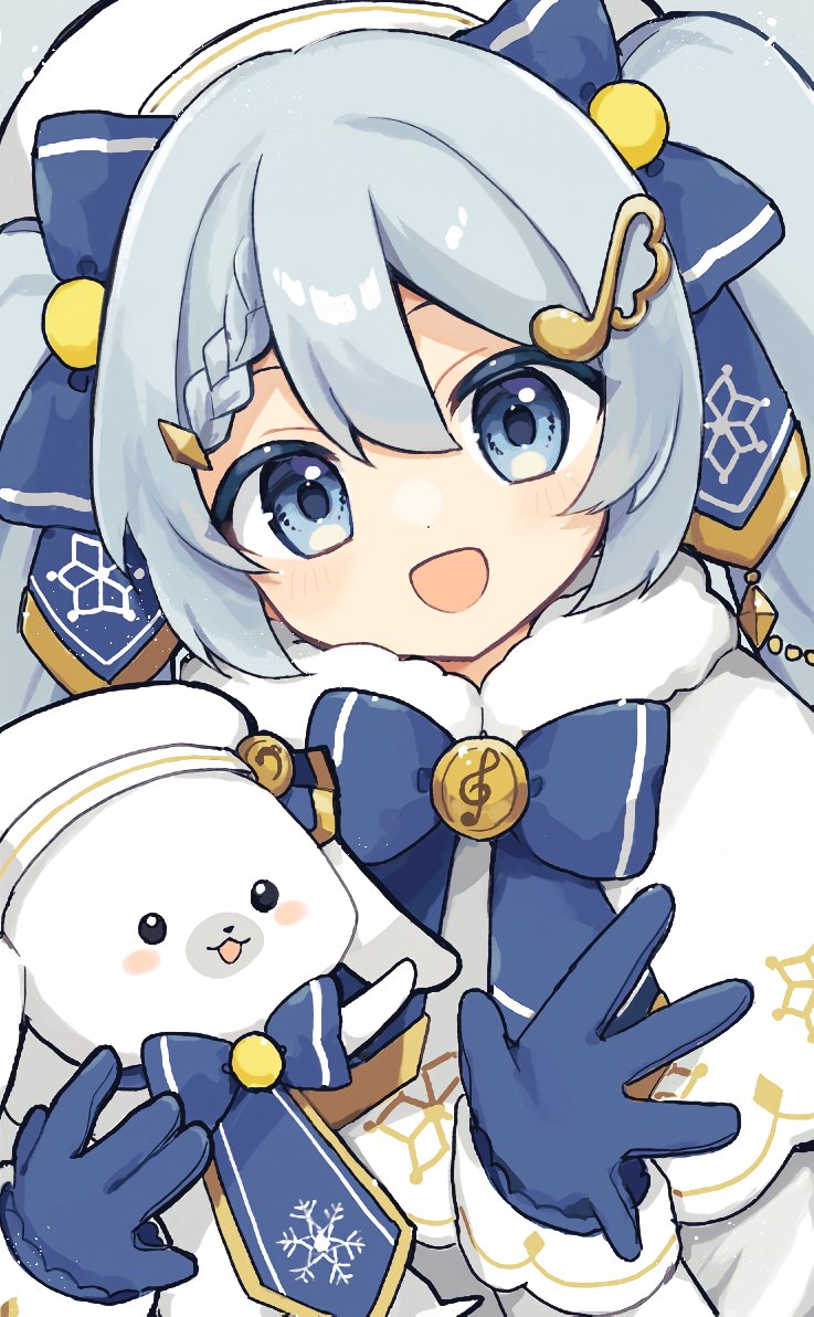 1girl, akikan_sabago, animal, beret, blue_bow, blue_eyes, blue_gloves, blue_hair