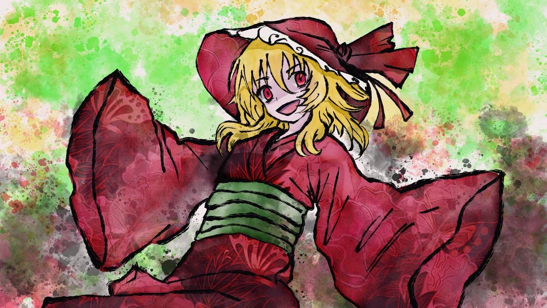 1girl, :d, abstract_background, alternate_costume, alternate_hairstyle, brown_background, commentary, dutch_angle, empty_eyes, english_commentary, flandre_scarlet, floral_print, green_background, green_sash, hands_up, headwear_request, hyuman, japanese_clothes, kimono, long_sleeves, looking_at_viewer, medium_hair, multicolored_background, no_wings, red_background, red_eyes, red_kimono, sash, smile, solo, touhou, upper_body, white_background, wide_sleeves, yellow_background