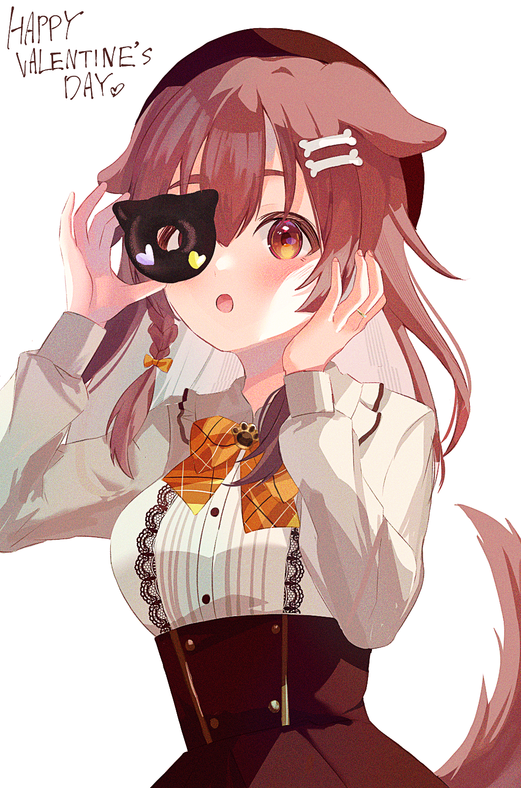 1girl, animal_ears, beret, blush, bone_hair_ornament, bow, bowtie, brown_eyes