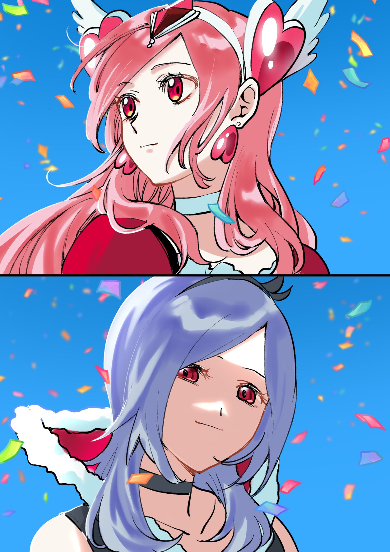 2girls, bare_shoulders, black_choker, black_dress, black_hairband, blue_choker, choker, cure_passion