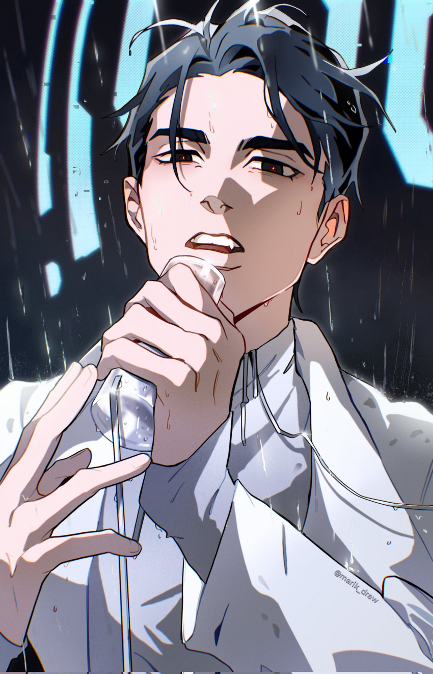 1boy, alien_stage, black_hair, brown_eyes, cable, fang, hair_in_eyes, hand_up