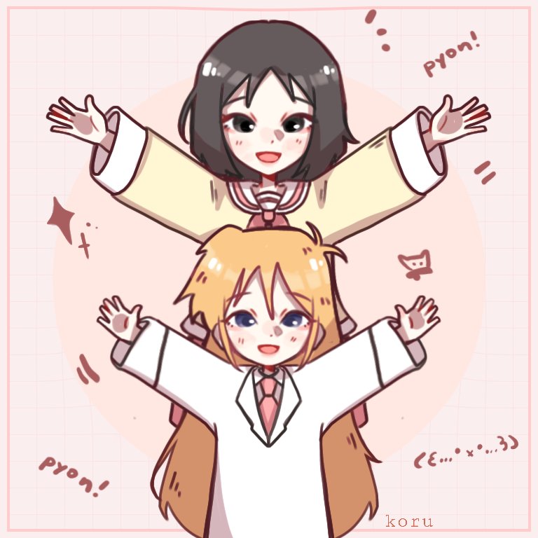 2girls, antenna_hair, black_eyes, black_hair, blonde_hair, coat, grid_background, koruuu0, lab_coat, long_hair, looking_at_viewer, multiple_girls, neckerchief, necktie, nichijou, open_mouth, outstretched_arms, professor_shinonome, red_neckerchief, red_necktie, sailor_collar, school_uniform, shinonome_nano, short_hair, spread_arms, standing, tokisadame_school_uniform, white_coat, white_sailor_collar