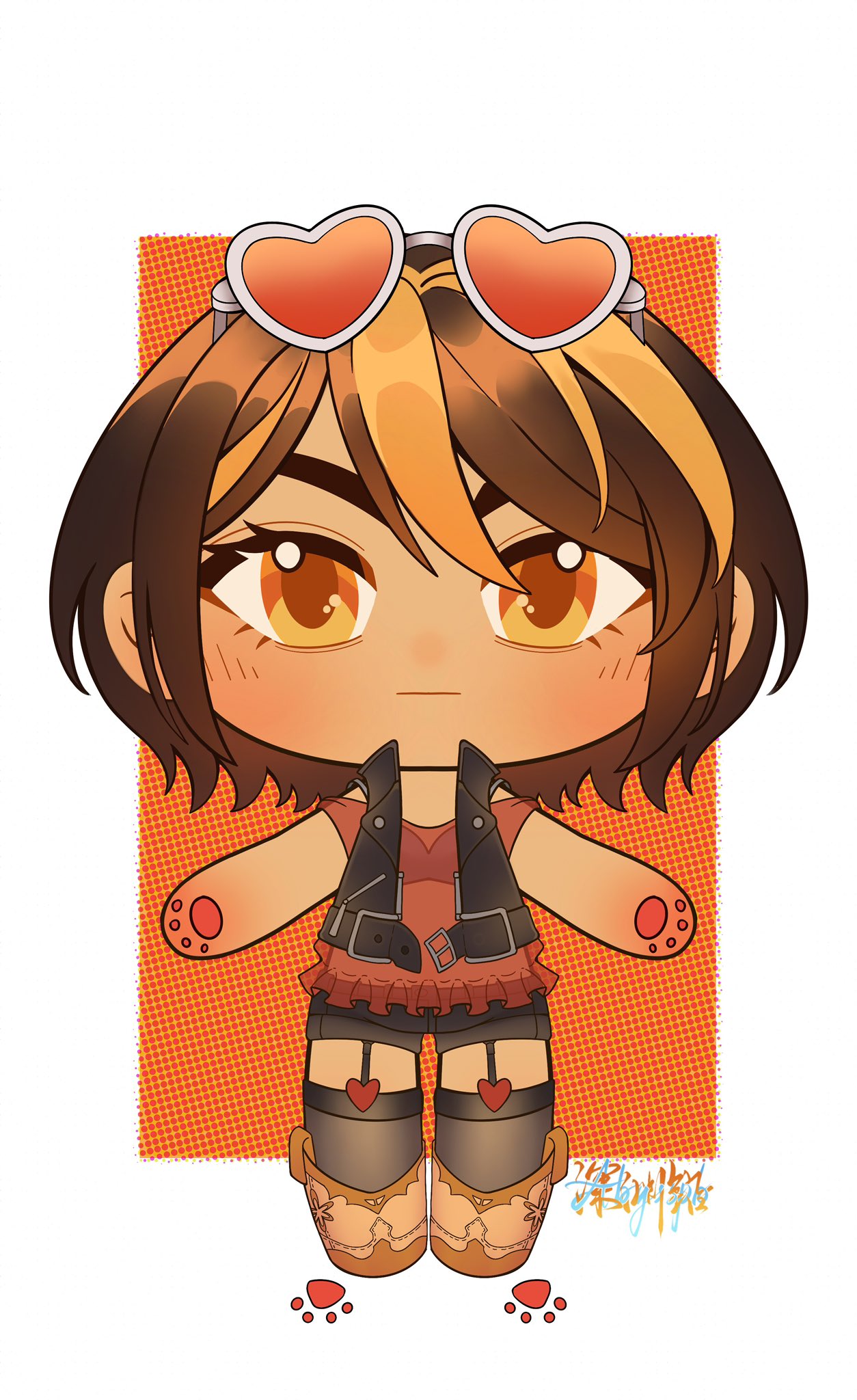 1girl, abyssparabellum, animal_hands, bare_shoulders, belt, blonde_hair, border, brown_belt