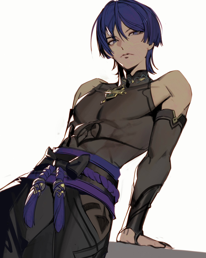 1boy, abs, bare_shoulders, belt, belt_ribbon, black_gloves, black_pants, black_shirt