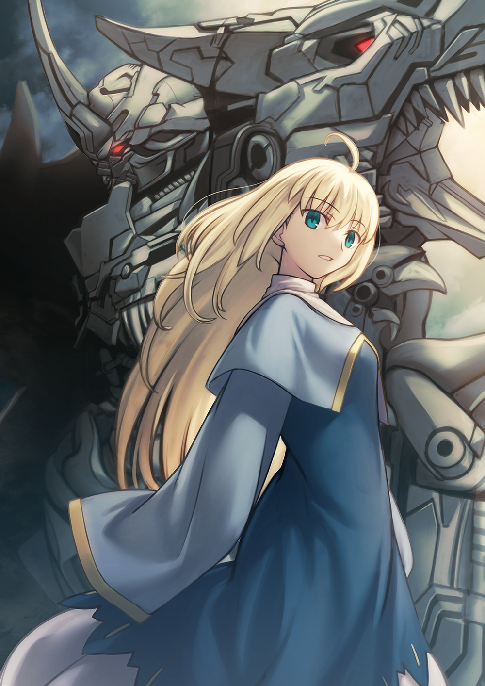 1boy, 1girl, ahoge, artoria_pendragon_(fate), autobot, blonde_hair, blue_dress, commission