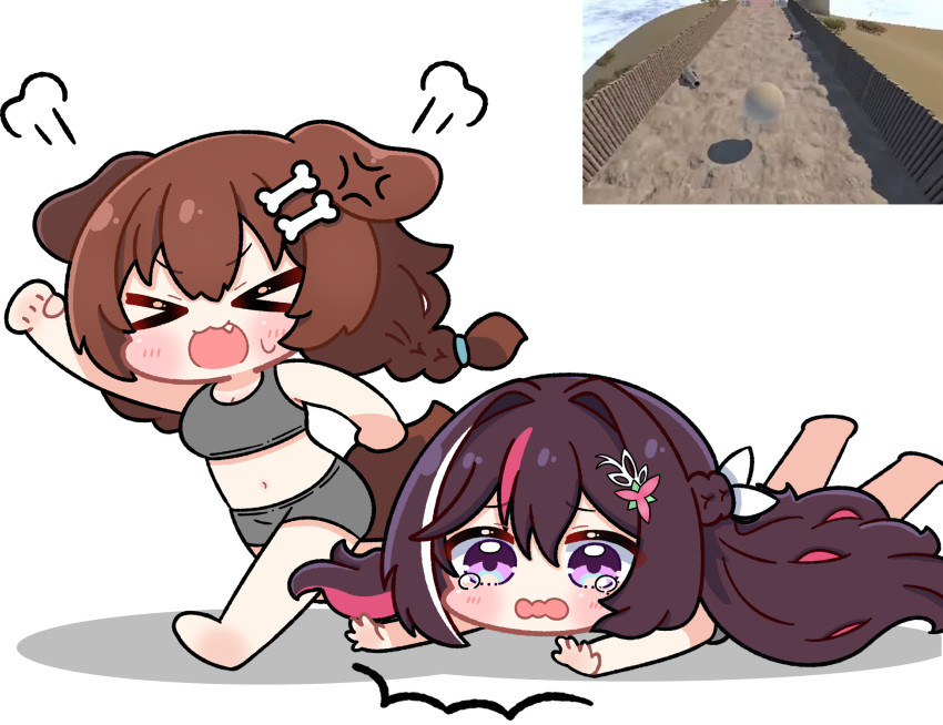 >_<, 2girls, anger_vein, animal_ears, azki_(hololive), barefoot, black_hair, blush