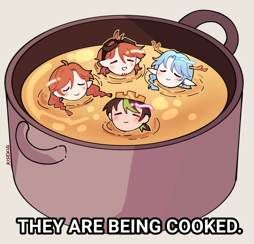 1girl, 3boys, antlers, blue_hair, brother_and_sister, brown_hair, closed_eyes, cooking, cooking_pot, crown, elf, empires_smp, english_text, food, fwhip, fwhip_(count), geminitay, geminitay_(wizard), highres, horns, kisekiii_25, meme, minecraft_youtube, mini_person, miniboy, minigirl, multicolored_hair, multiple_boys, orange_hair, pointy_ears, siblings, smajor1995, smajor1995_(rivendell), smallishbeans, smallishbeans_(mezalea), smile, soup, streaked_hair, twins