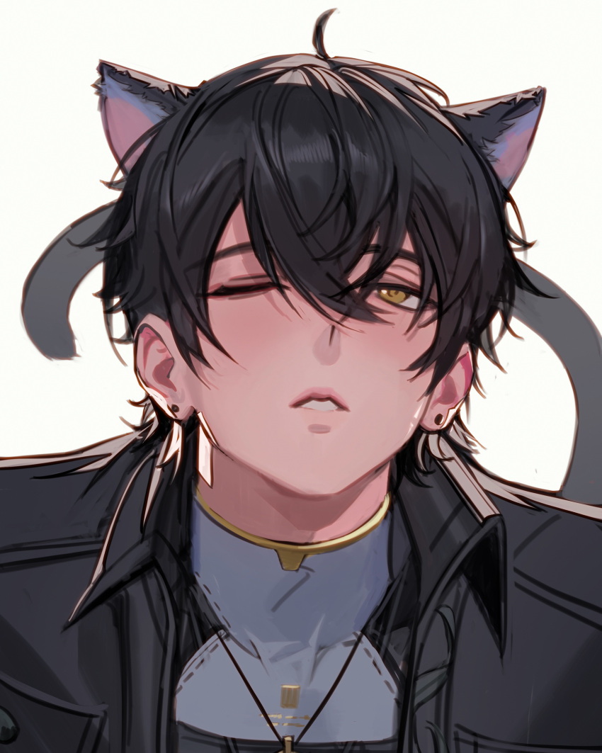 1boy, ahoge, animal_ears, black_hair, black_jacket, cat_ears, chadetteisgiga, collared_jacket, ear_piercing, earrings, hair_between_eyes, high_collar, highres, jacket, jewelry, leather, leather_jacket, male_focus, male_rover_(wuthering_waves), necklace, one_eye_closed, parted_lips, piercing, popped_collar, rover_(wuthering_waves), simple_background, solo, tail, upper_body, white_background, wuthering_waves, yellow_eyes
