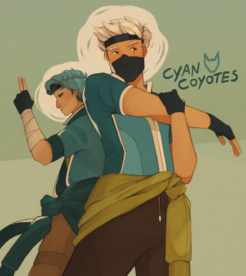 2boys, aqua_hair, aqua_shirt, arm_wrap, black_eyes, black_gloves, black_headband, black_mask