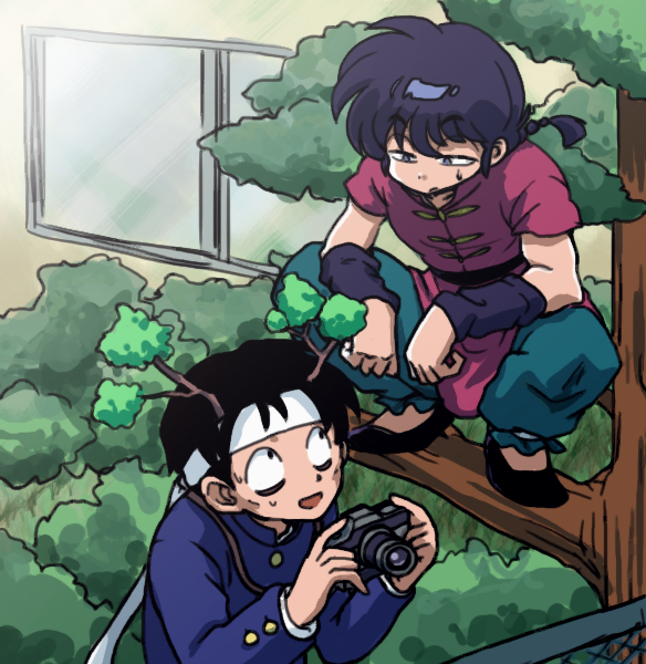 2boys, black_hair, braid, braided_ponytail, camera, gosunkugi_hikaru, holding, holding_camera